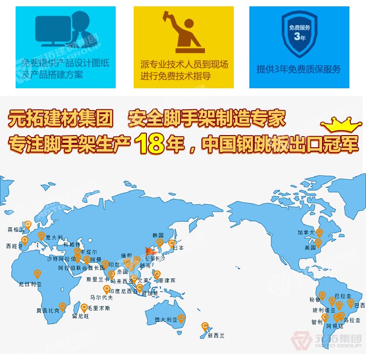 元拓建材集團(tuán)，安全腳手架制造專家！專注腳手架生產(chǎn)18年，中國鋼跳板出口冠軍！